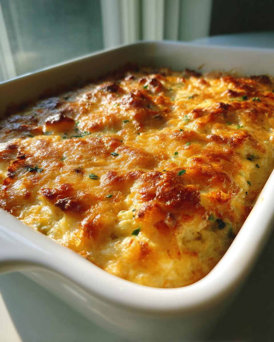 Close-up of a hot, bubbly Bacon Jalapeño popper dip with a golden-brown cheesy crust in a white baking dish.