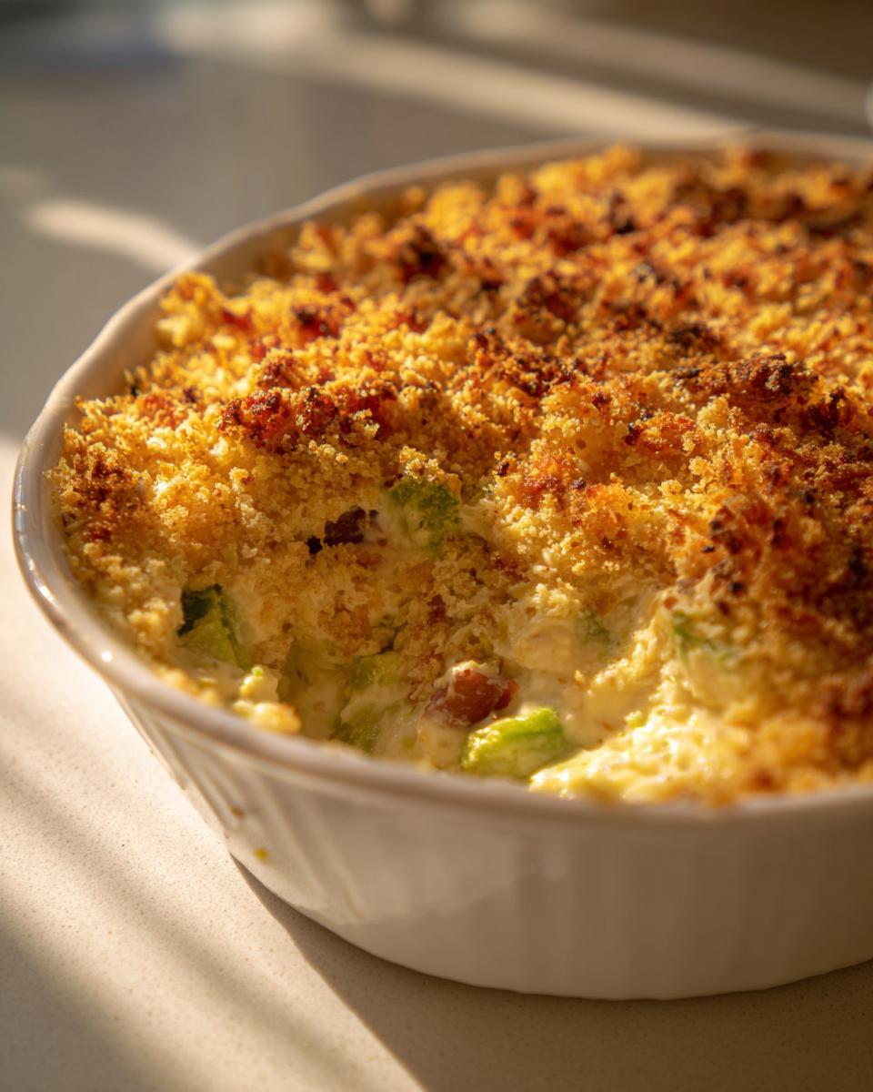Close-up of baked Bacon Jalapeño popper dip in a white dish with a golden, crunchy breadcrumb topping.