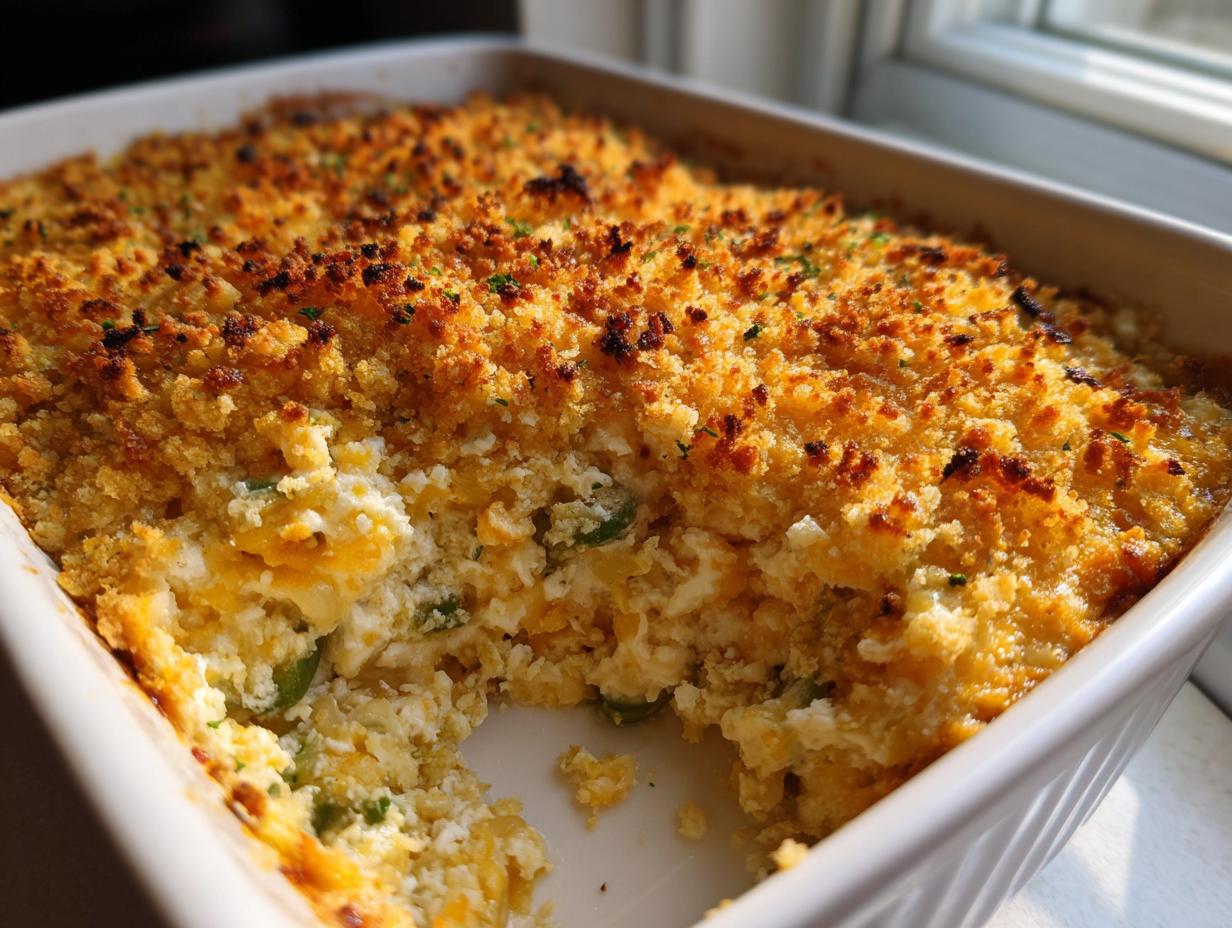 Close-up of baked Bacon Jalapeño popper dip in a white dish, showing a creamy interior and crispy, golden breadcrumb topping.