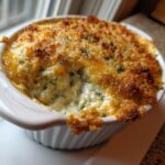Close-up of hot Bacon Jalapeño popper dip with a golden, cheesy, and crispy topping in a white ramekin.