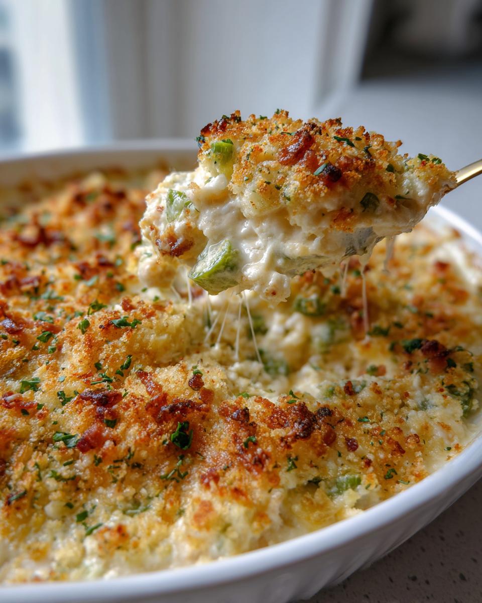 A spoonful of hot, cheesy Bacon Jalapeño popper dip being lifted from a white baking dish, showing a visible cheese pull.