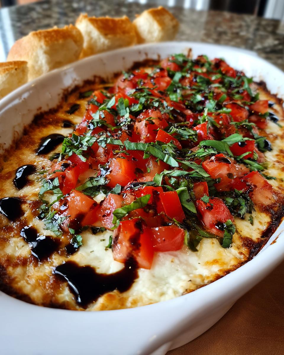Close-up of a baked 3-cheese bruschetta dip topped with fresh diced tomatoes, basil, and balsamic glaze, served with bread.