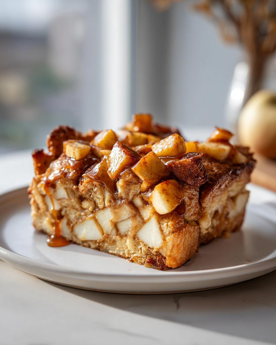 A thick, baked slice of Apple Cinnamon French Toast topped with caramelized apple chunks and sauce.