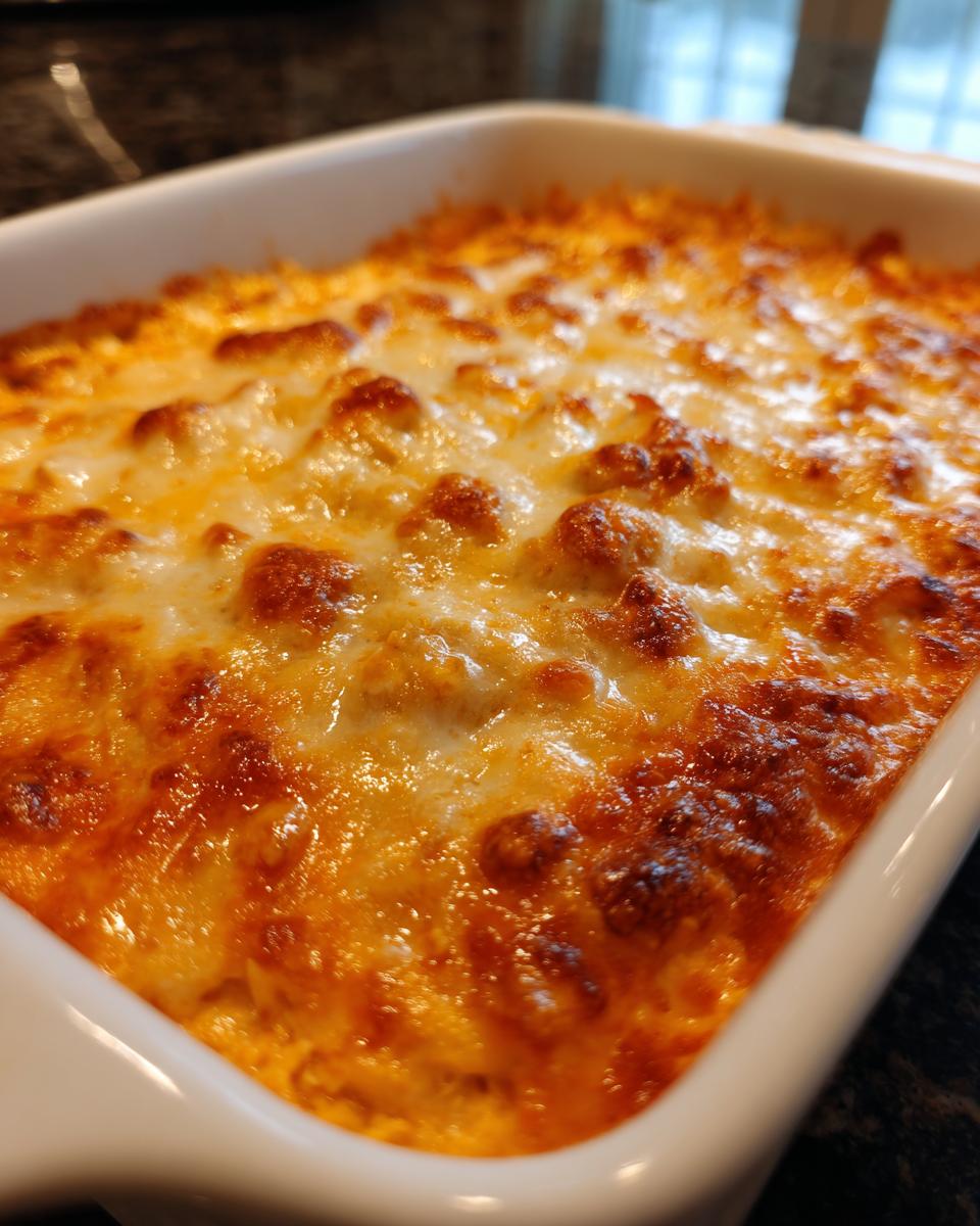 Close-up of a hot, baked Buffalo chicken dip with a bubbly, golden-brown melted cheese topping in a white dish.