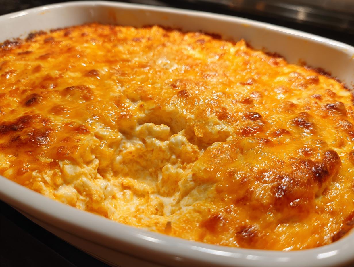 Close-up of a baked Buffalo chicken dip with a bubbly, golden-brown melted cheese topping in a white casserole dish.