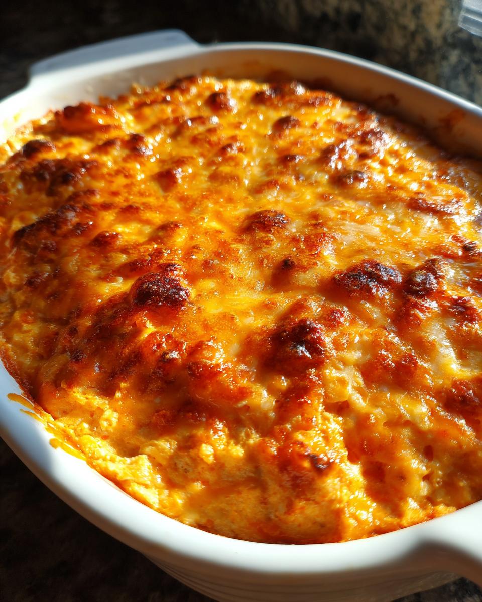 Close-up of hot Buffalo chicken dip bubbling in a white baking dish with a deeply browned, cheesy crust.