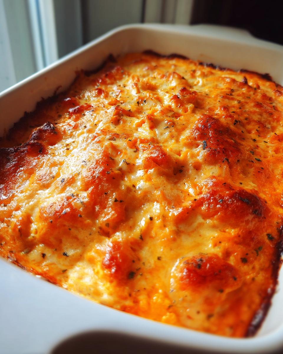 Close-up of a bubbly, baked Buffalo chicken dip with a cheesy, orange crust in a white casserole dish.