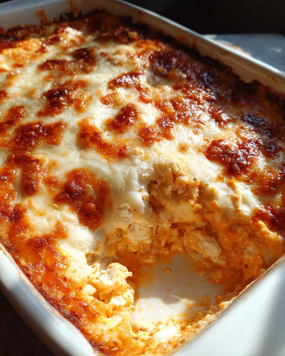 Close-up of hot, baked Buffalo chicken dip in a white dish with a scoop removed, showing the cheesy, orange filling and browned top.
