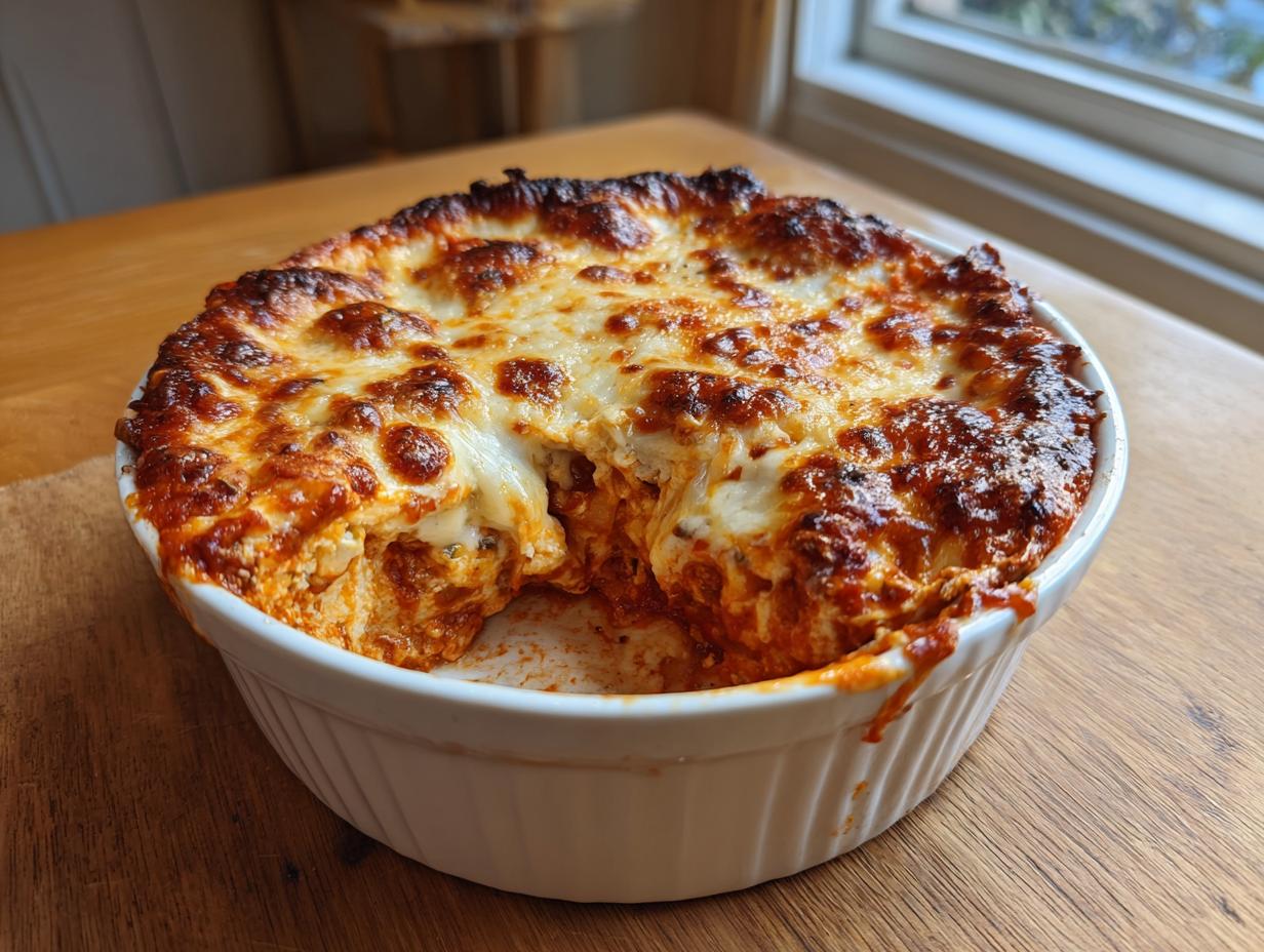 Close-up of a bubbling, baked pizza dip topped with melted, browned cheese in a white round dish.