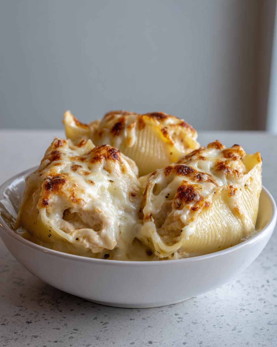 Close-up of three baked chicken alfredo stuffed shells topped with bubbly, browned mozzarella cheese in a white bowl.