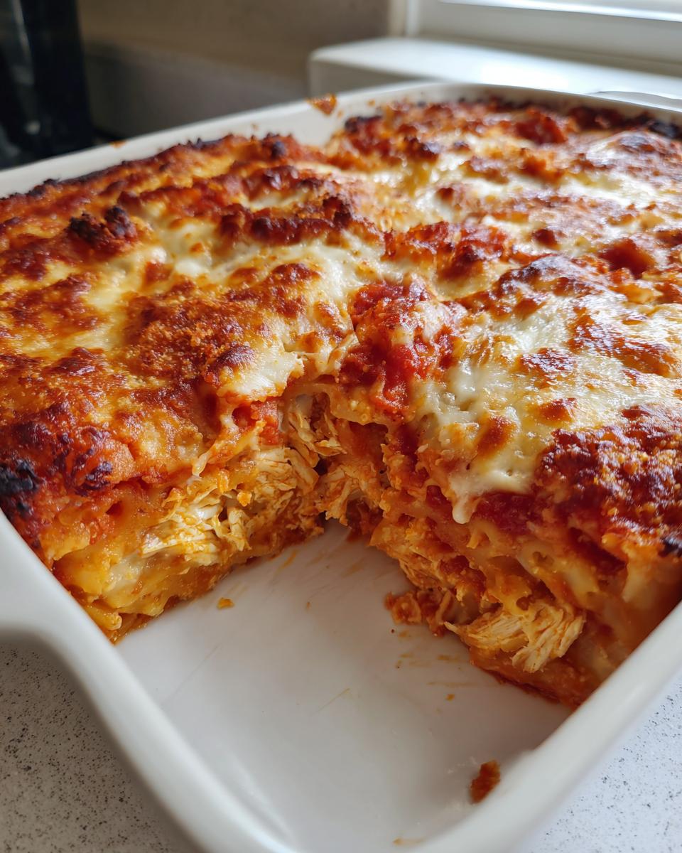 A square white baking dish containing a freshly baked chicken Parmesan casserole with a piece removed, showing shredded chicken layers.