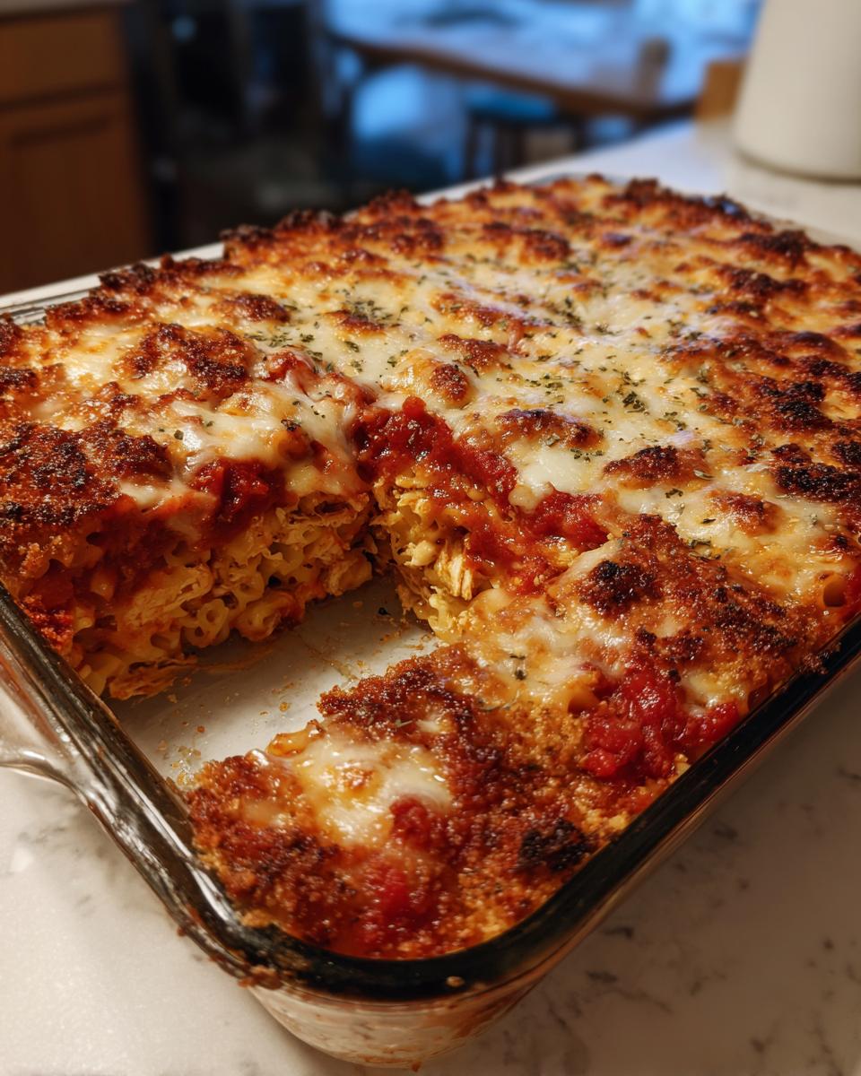 A bubbling, golden-brown Baked chicken Parmesan casserole topped with melted mozzarella and herbs, served in a clear glass baking dish.