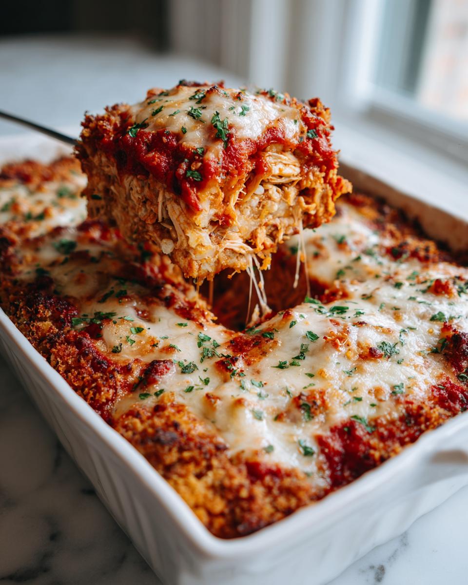 A serving utensil lifts a cheesy, saucy slice from a Baked chicken Parmesan casserole in a white dish.