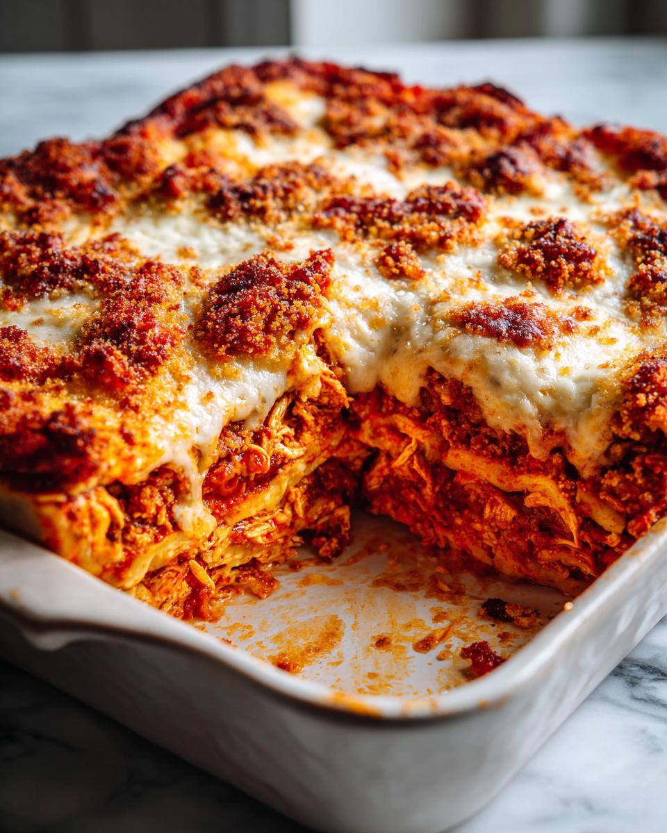 A portion removed from a cheesy, saucy baked chicken Parmesan casserole in a white baking dish.