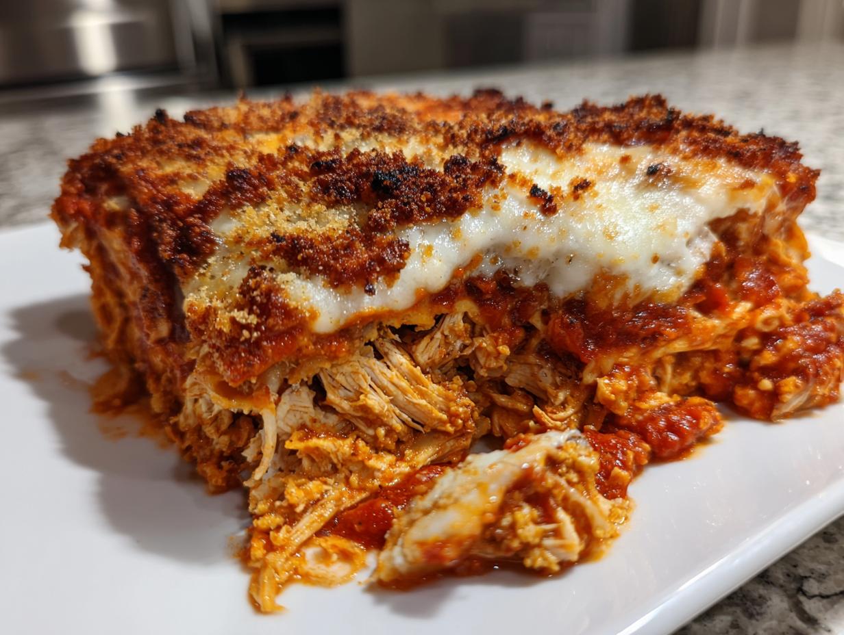 A close-up of a hearty slice of Baked chicken Parmesan casserole with shredded chicken and melted cheese.