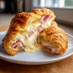 A golden baked ham and cheese croissants cut in half showing melted, stretchy cheese and ham filling.