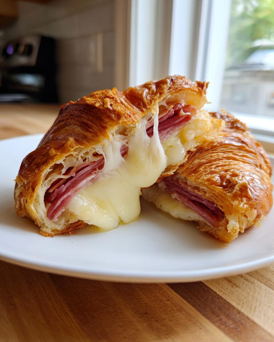 A baked ham and cheese croissant cut in half showing gooey, melted cheese stretching between the layers of ham.