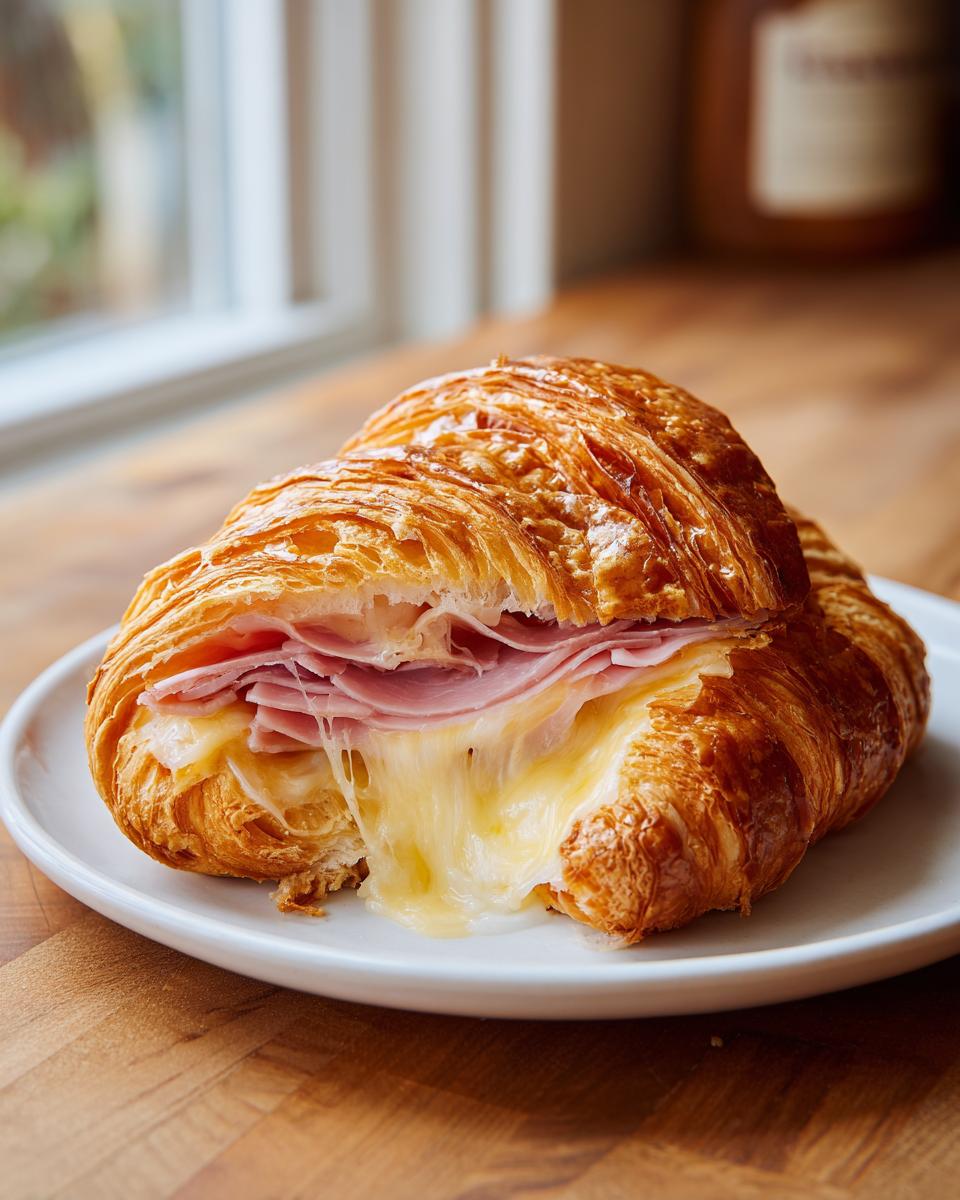 Close-up of a freshly baked ham and cheese croissant cut open, showing gooey, melted cheese stretching out.