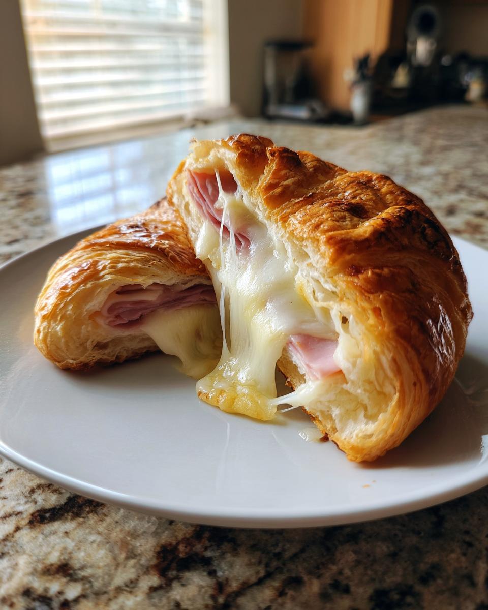 A baked ham and cheese croissant cut in half showing gooey, stretching melted cheese and layers of ham.