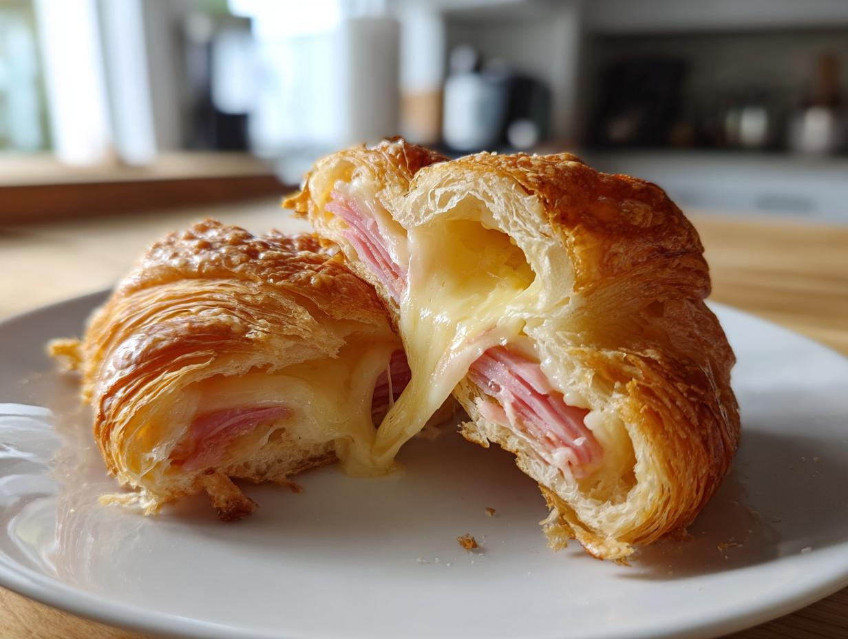 A baked ham and cheese croissant cut in half showing melted cheese stretching between the layers.