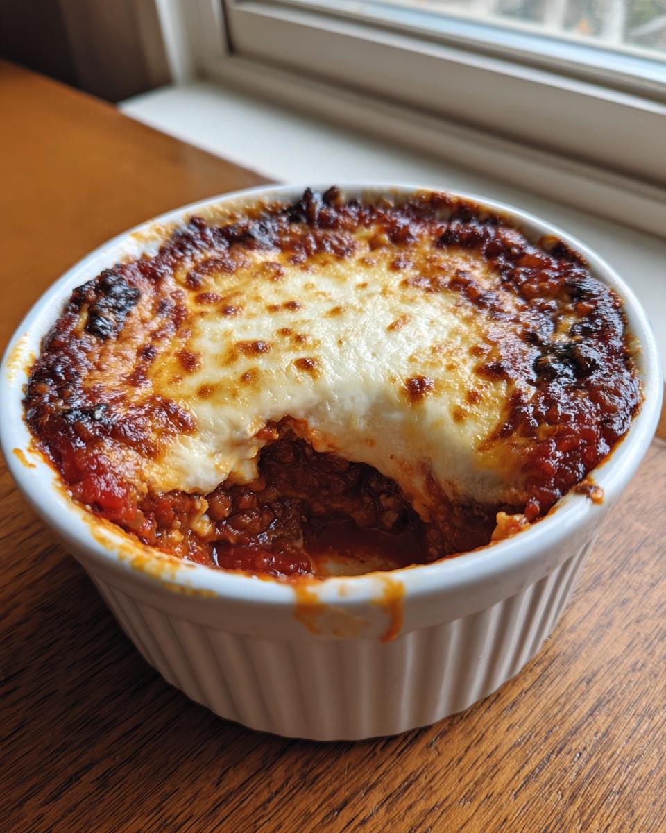 Close-up of a baked pizza dip in a white ramekin, showing bubbly, browned cheese over rich tomato sauce.