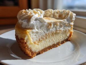 A perfect slice of amazing banana cream cheesecake with a graham cracker crust and whipped topping.