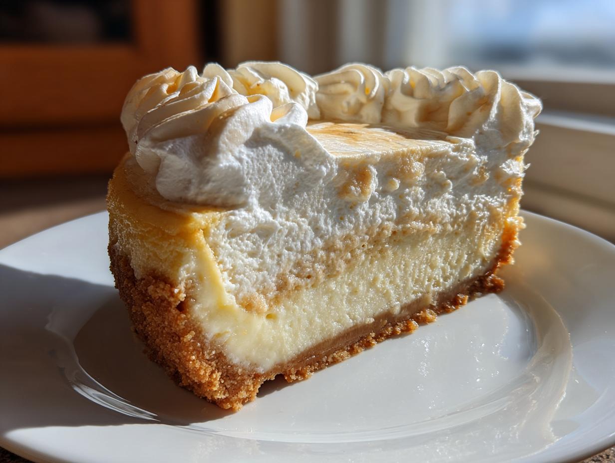 A perfect slice of amazing banana cream cheesecake with a graham cracker crust and whipped topping.