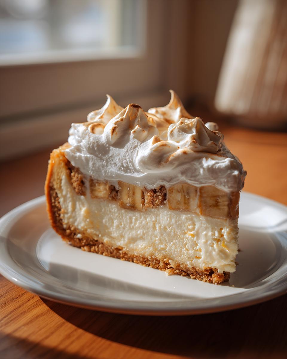 A perfect slice of banana cream cheesecake featuring a graham cracker crust, creamy filling, sliced bananas, and torched meringue topping.