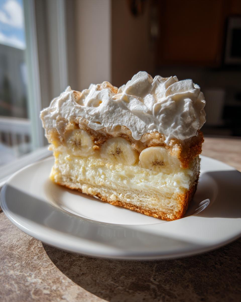 A thick slice of banana cream cheesecake topped with fresh banana slices and whipped cream.