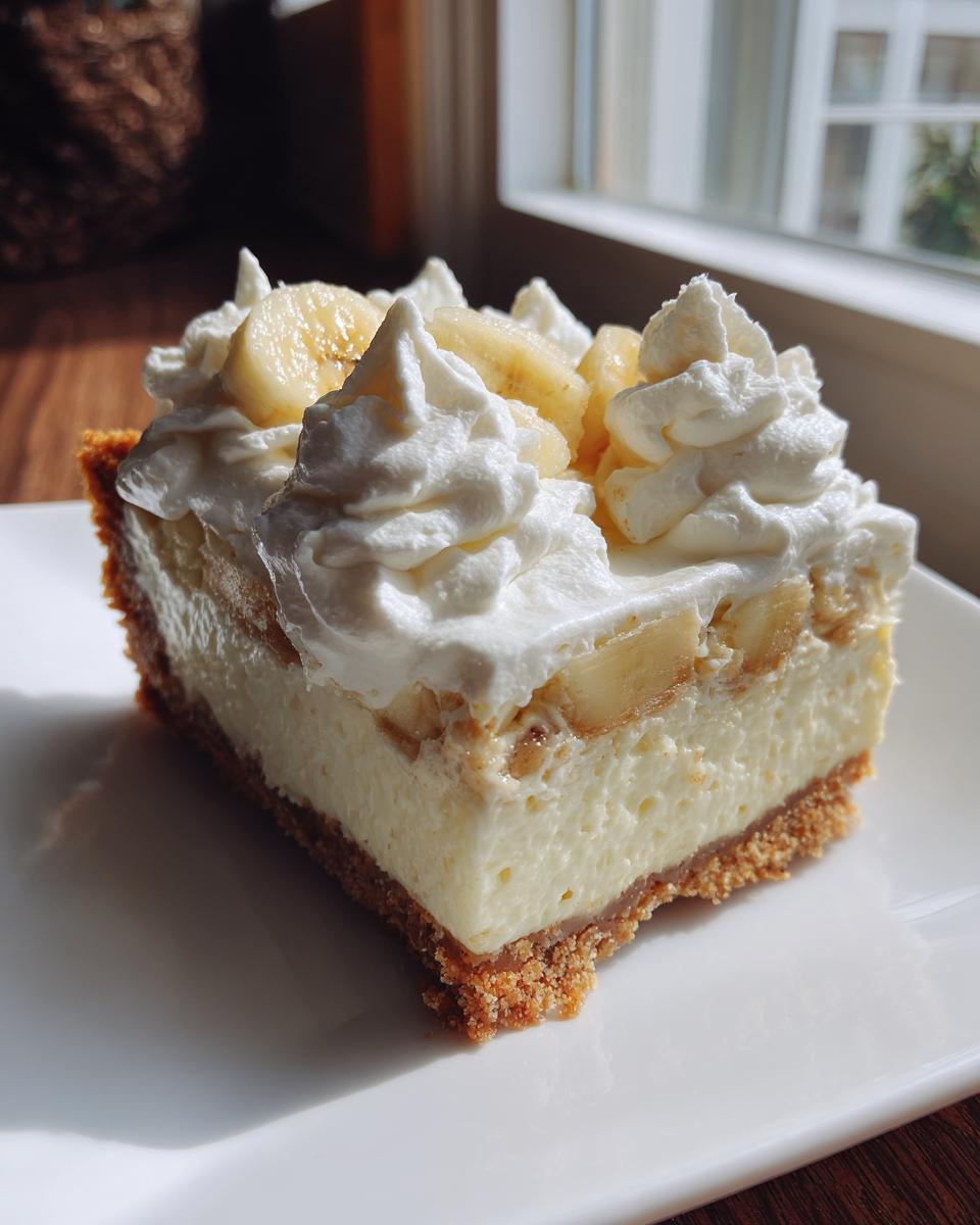 A close-up slice of amazing banana cream cheesecake with graham cracker crust, topped with whipped cream and banana slices.