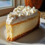 A perfect slice of banana cream cheesecake with a thick graham cracker crust and topped with piped whipped cream.