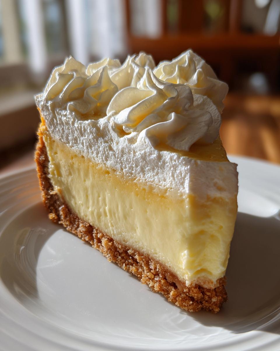 A perfect slice of banana cream cheesecake featuring a thick graham cracker crust, creamy filling, and piped whipped cream topping.