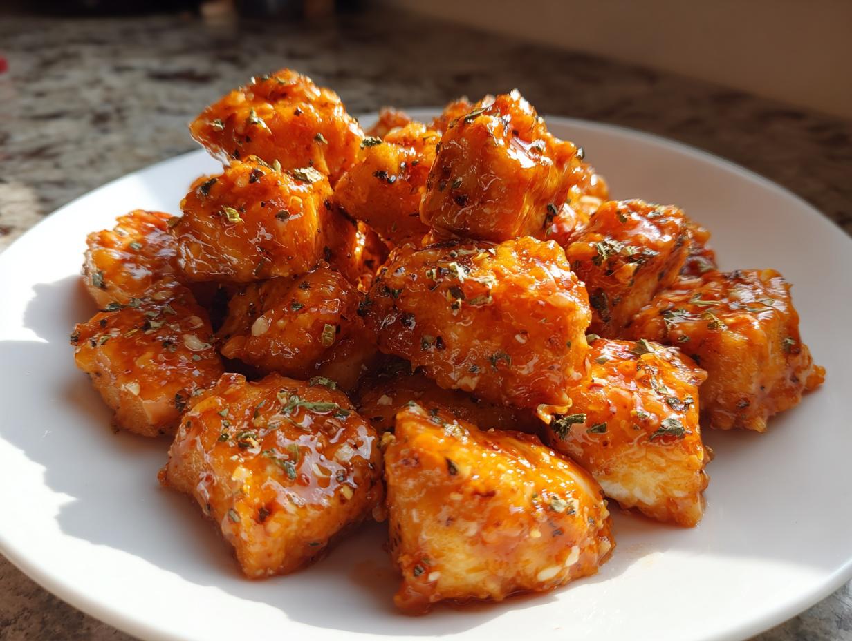 Close-up of crispy, bite-sized pieces of Bang Bang Salmon coated in a glossy, orange sauce and sprinkled with herbs.