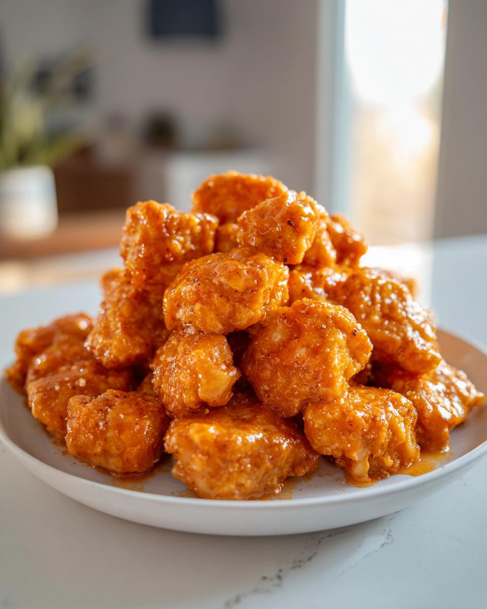Close-up of a mound of crispy, bite-sized pieces of Bang Bang Salmon coated in a spicy orange sauce.