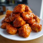 Close-up of crispy, bite-sized pieces of salmon coated in a glossy, orange Bang Bang sauce, piled high on a white plate.