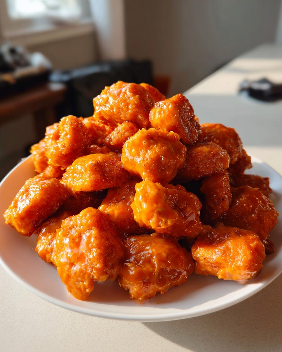 A generous pile of crispy, bite-sized salmon pieces coated in a glossy orange bang bang sauce on a white plate.