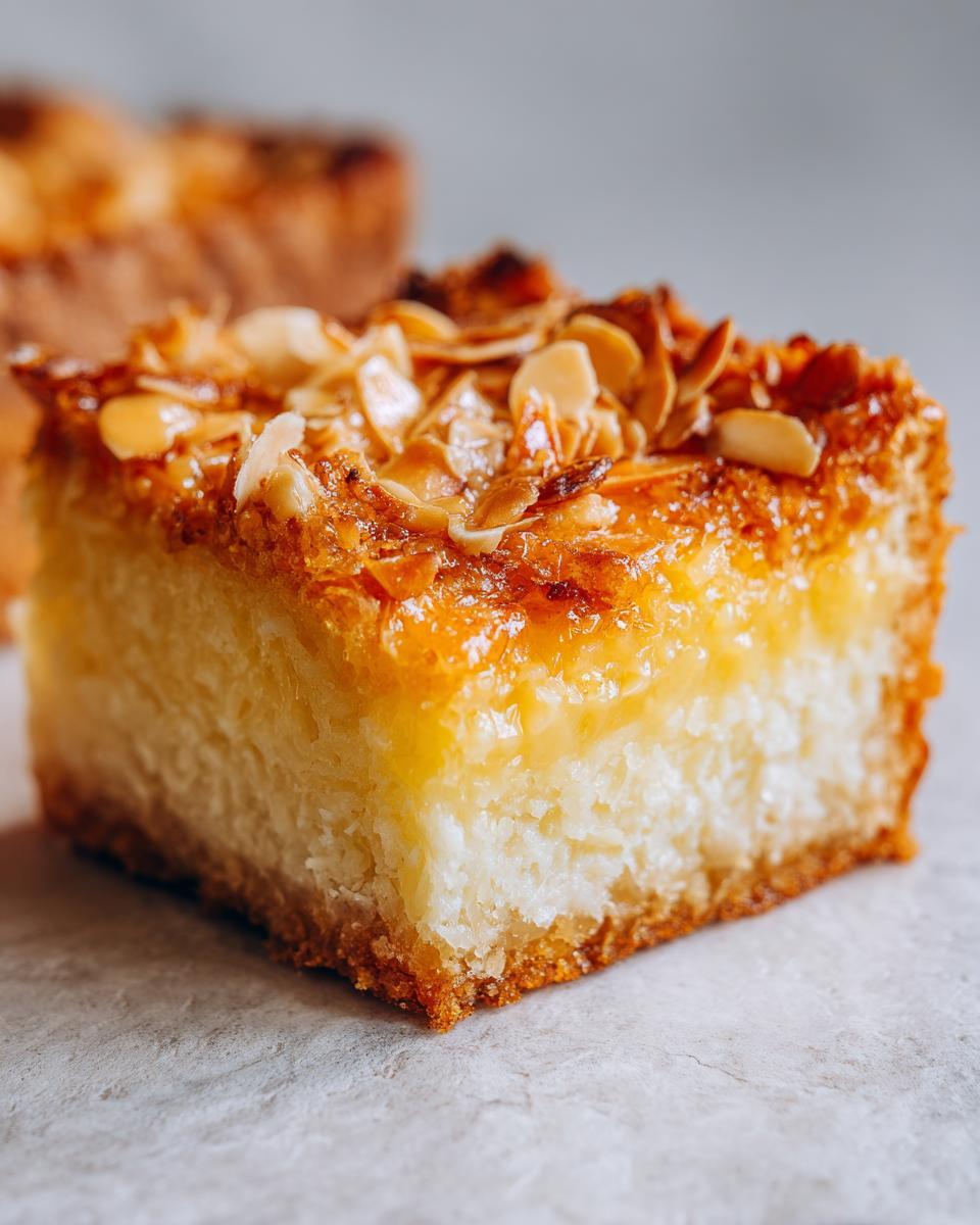 A close-up, cross-section view of a rich bee sting cake slice showing the creamy filling and caramelized almond topping.