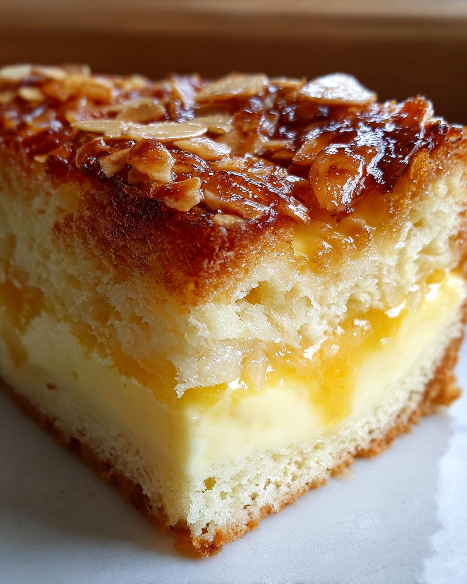 A close-up cross-section of a rich bee sting cake showing layers of sponge, thick vanilla cream, and caramelized almond topping.