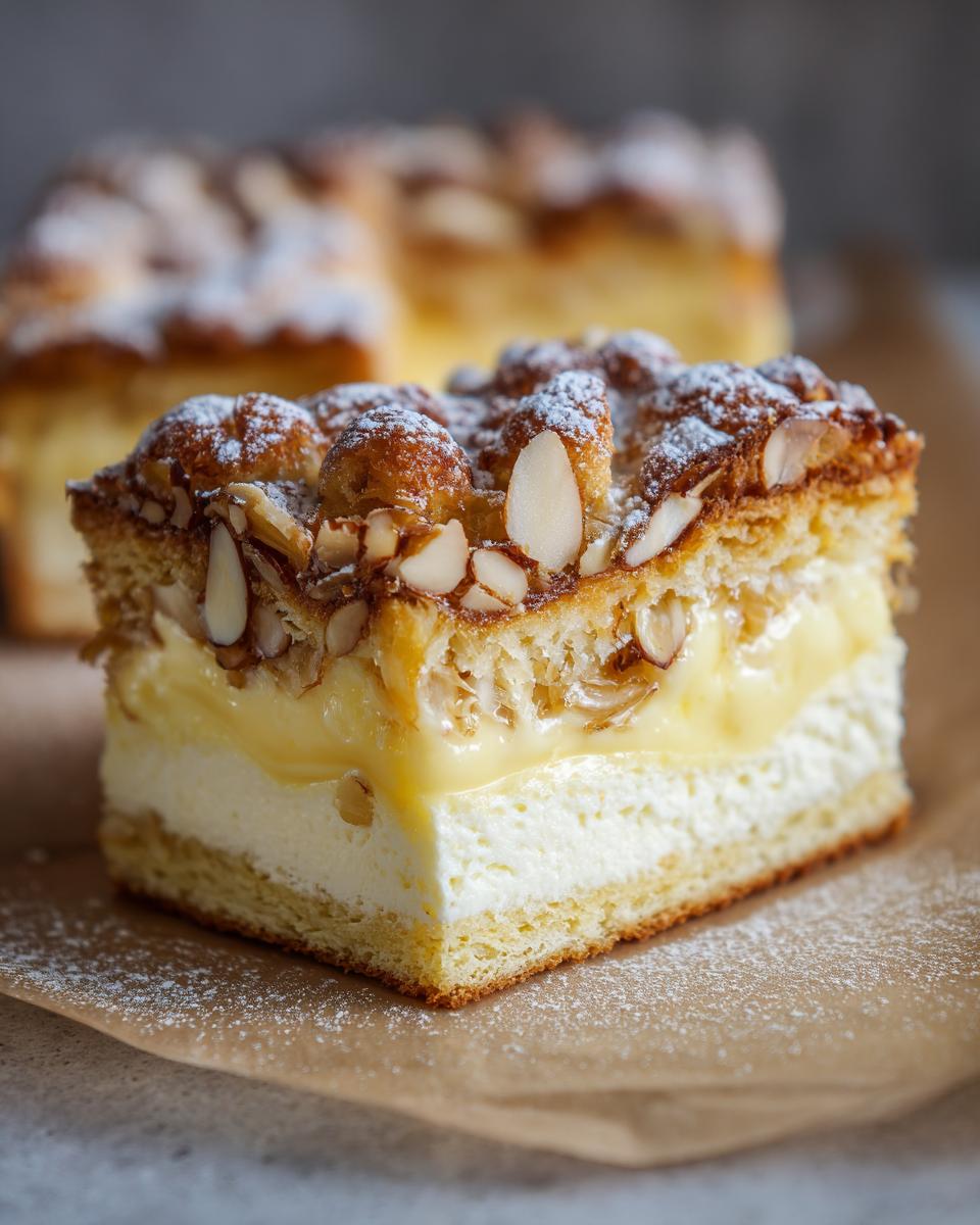 Close-up of a thick slice of bee sting cake showing layers of sponge, cream, custard, and a caramelized almond topping dusted with powdered sugar.