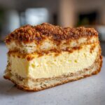 Close-up of a rich slice of bee sting cake showing layers of sponge, creamy filling, and crunchy topping.