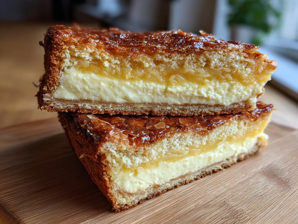 Two stacked slices showing the creamy filling and caramelized almond topping of a bee sting cake.