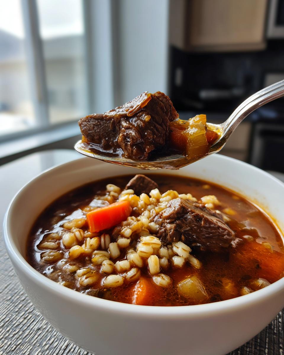 A spoonful of rich beef barley soup showing tender beef chunks, barley, and carrots being lifted from a white bowl.
