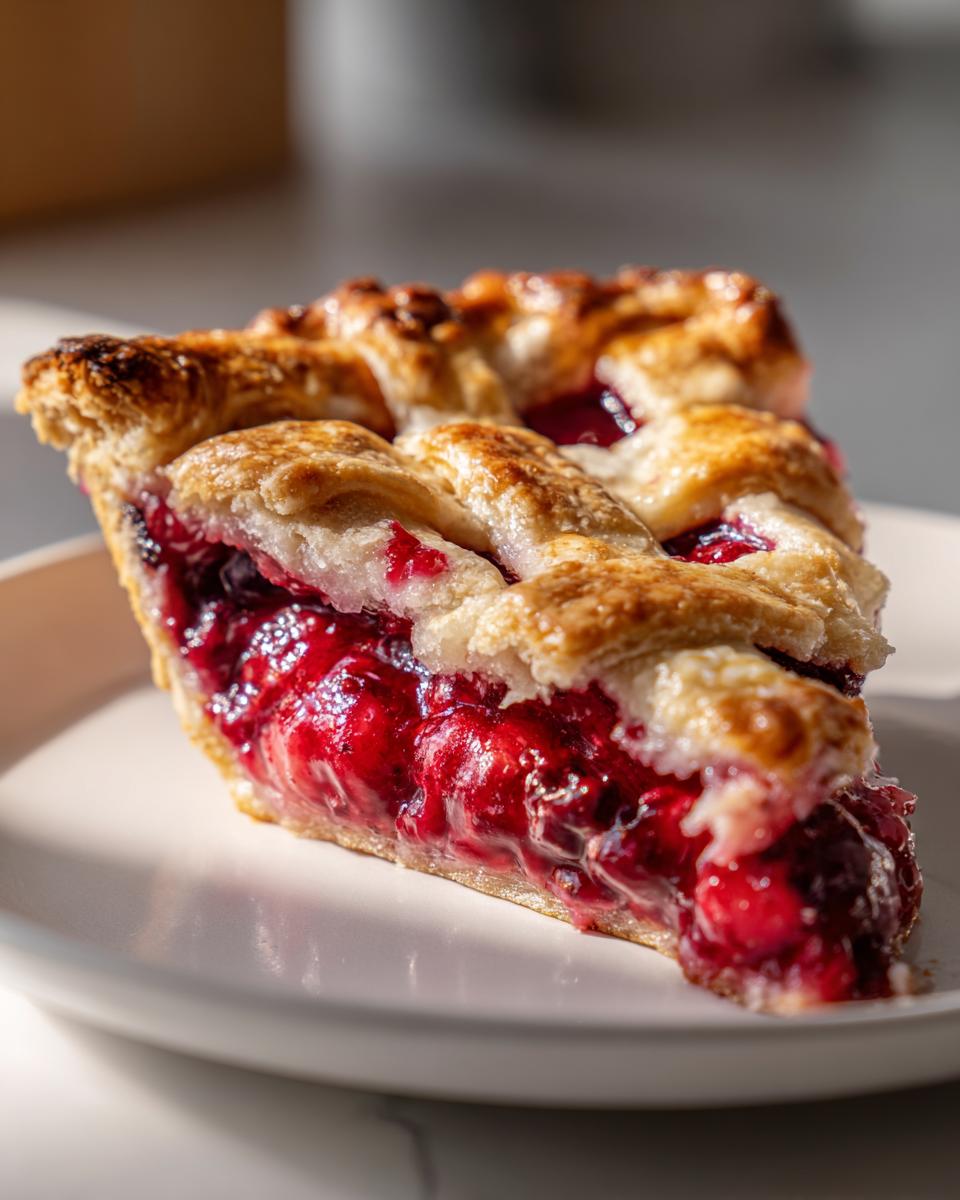 Close-up of a juicy slice of berry pie featuring a thick, glistening red filling and a golden lattice crust.