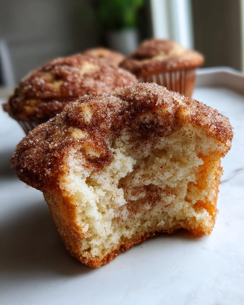 A close-up of a snickerdoodle muffin with a bite taken out, revealing a soft interior and a thick cinnamon sugar topping.