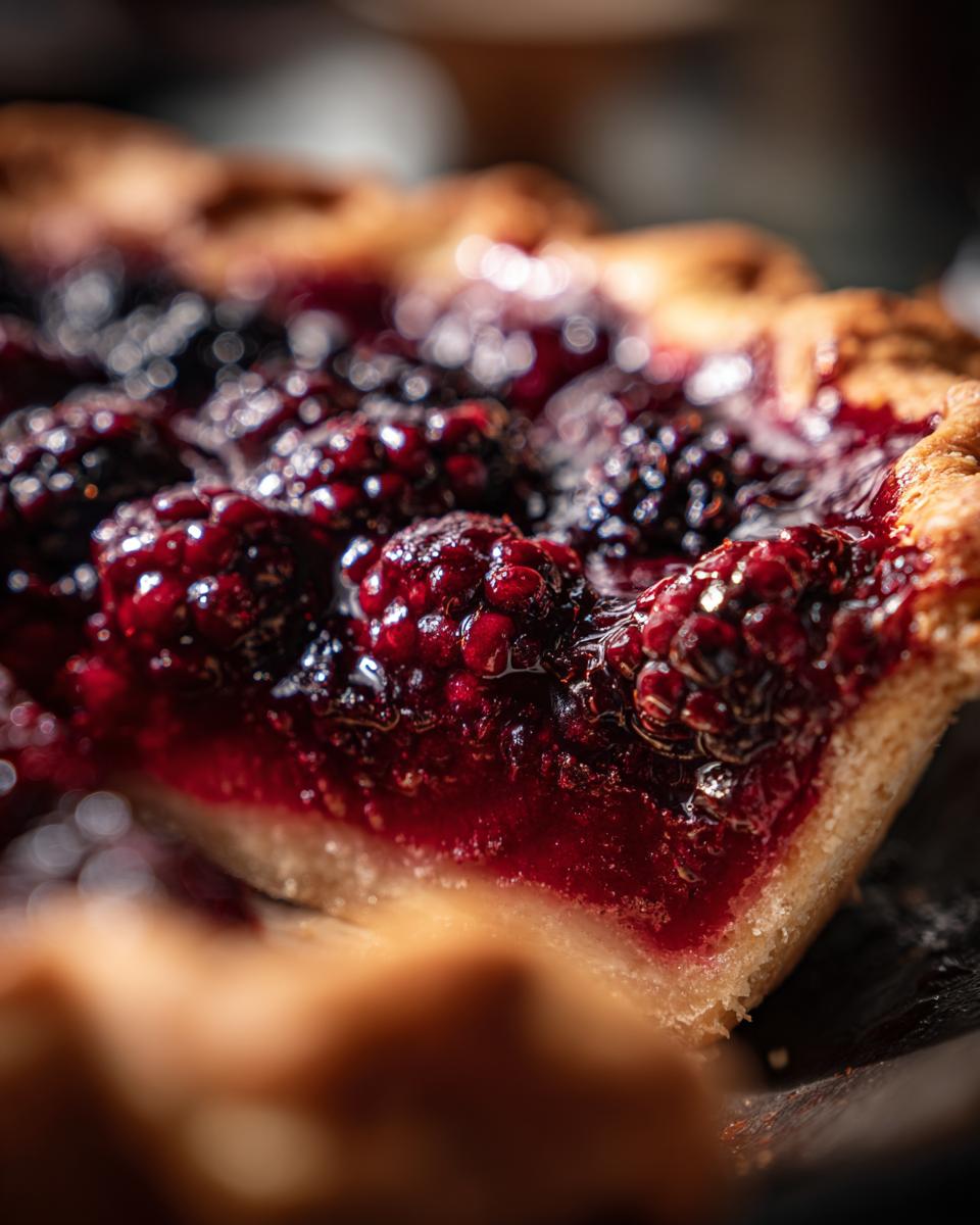 Extreme close-up of a slice of homemade blackberry pie, showing glistening, deep red blackberry filling and a golden, flaky crust edge.