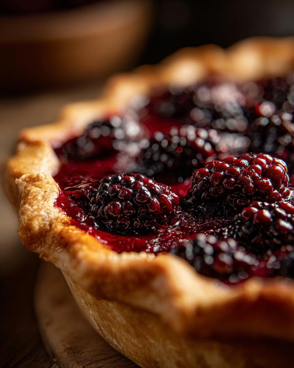Extreme close-up of a golden, flaky crust edge surrounding juicy, dark blackberries in a rich filling of this blackberry pie.