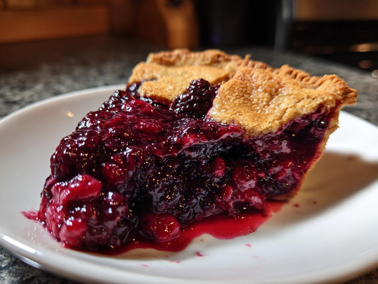 Close-up of a juicy slice of blackberry pie showing the rich filling and flaky golden crust.