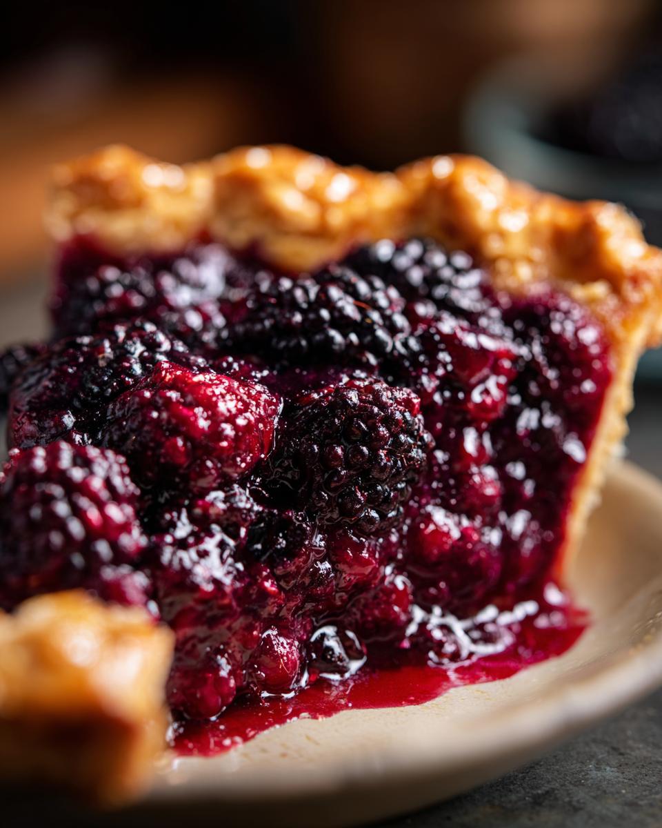 A close-up, mouth-watering slice of blackberry pie showing a thick, juicy filling and golden flaky crust.