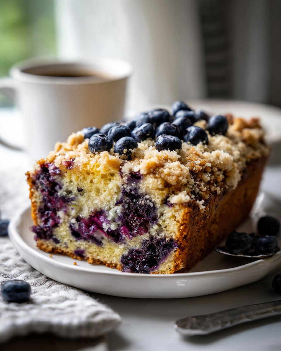 A slice of moist blueberry banana bread topped with fresh blueberries and streusel crumb topping.