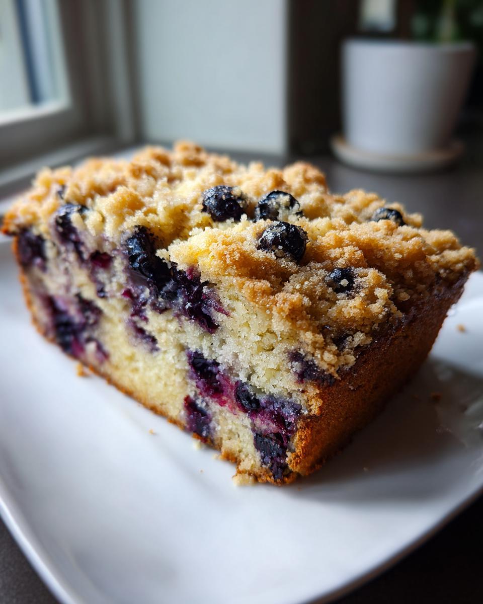 Close-up of a moist slice of blueberry banana bread featuring visible blueberries and a golden streusel topping.